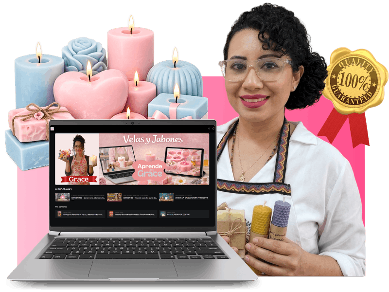 Grace enseñando a crear velas y jabones artesanales, con su curso online abierto en la laptop