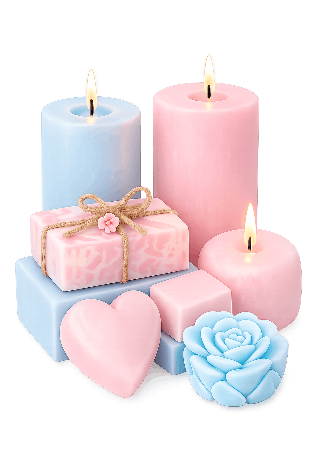 Velas y jabones artesanales en tonos pastel rosa y azul